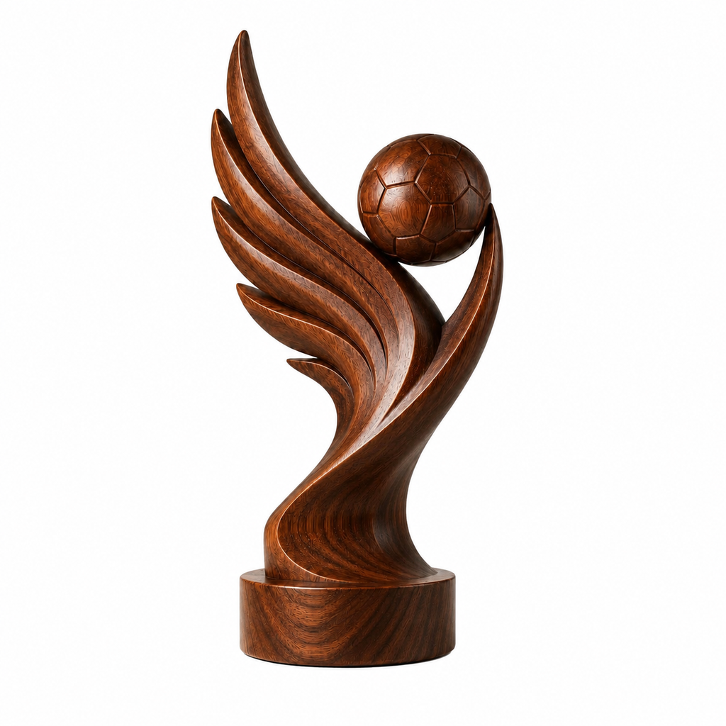 Abstrakte Fußball-Holzskulptur, Moderne Sportdekoration fur Regal, Schreibtisch und Wohnraum