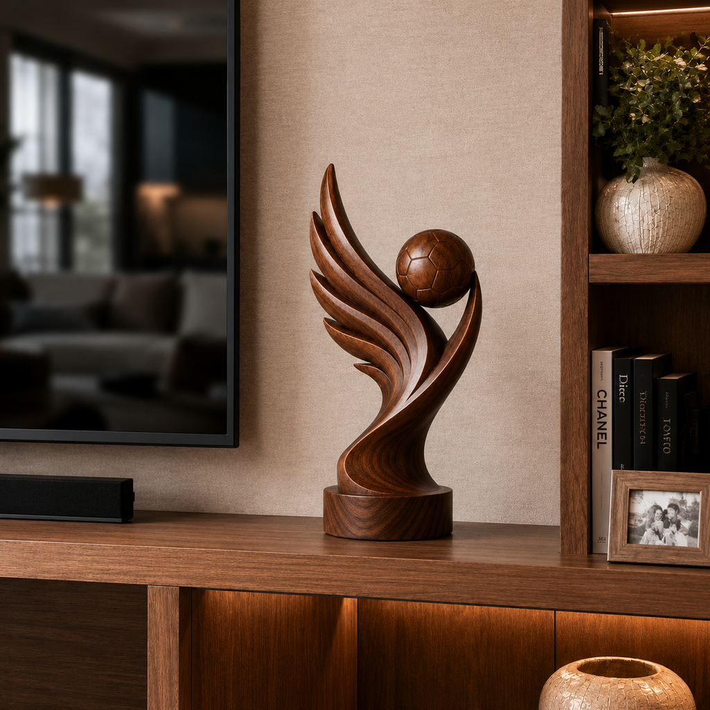 Abstrakte Fußball-Holzskulptur, Moderne Sportdekoration fur Regal, Schreibtisch und Wohnraum