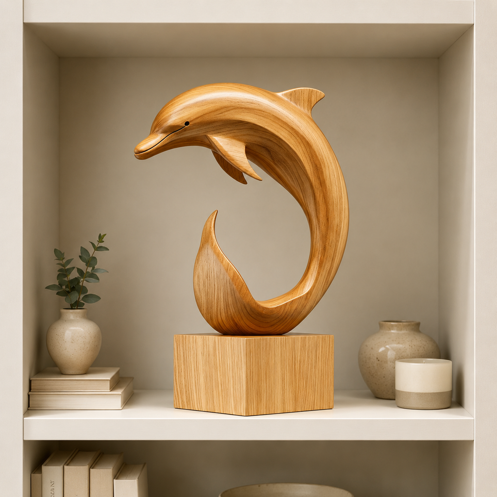Abstrakte Holz-Delfin-Skulptur – Moderner Dekorativer Akzent fur Zuhause und Buro