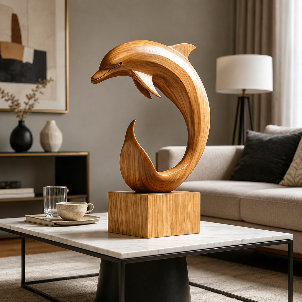 Abstrakte Holz-Delfin-Skulptur – Moderner Dekorativer Akzent fur Zuhause und Buro