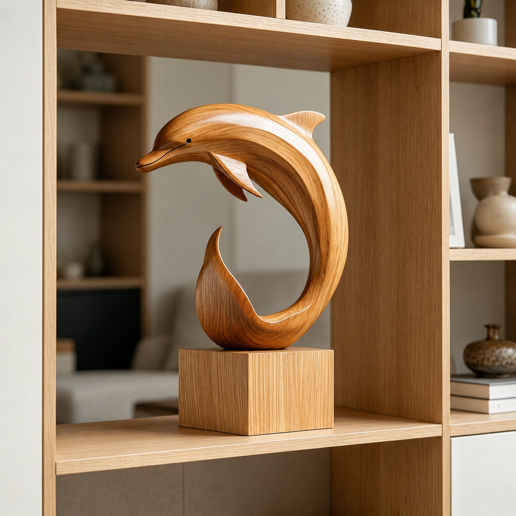 Abstrakte Holz-Delfin-Skulptur – Moderner Dekorativer Akzent fur Zuhause und Buro