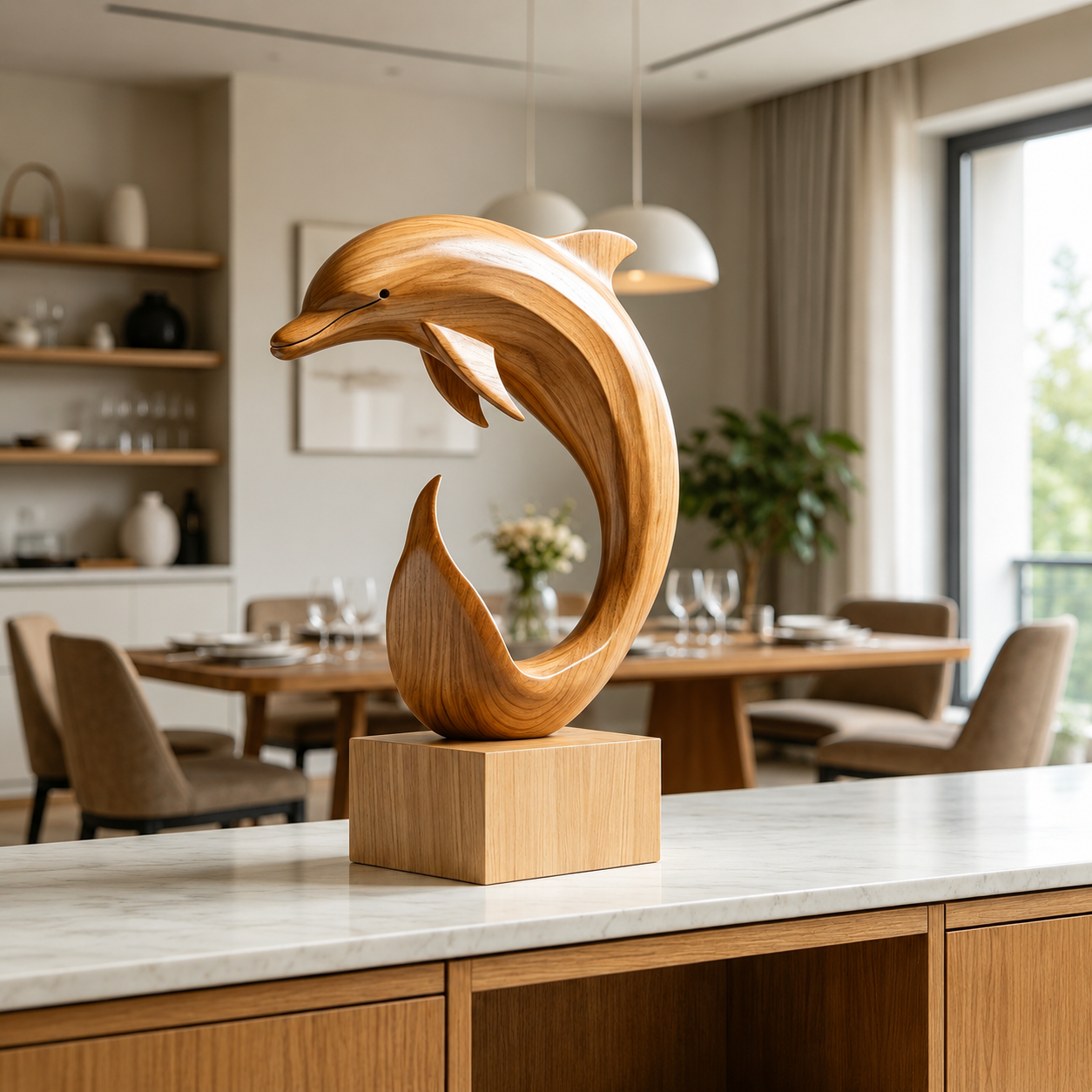 Abstrakte Holz-Delfin-Skulptur – Moderner Dekorativer Akzent fur Zuhause und Buro