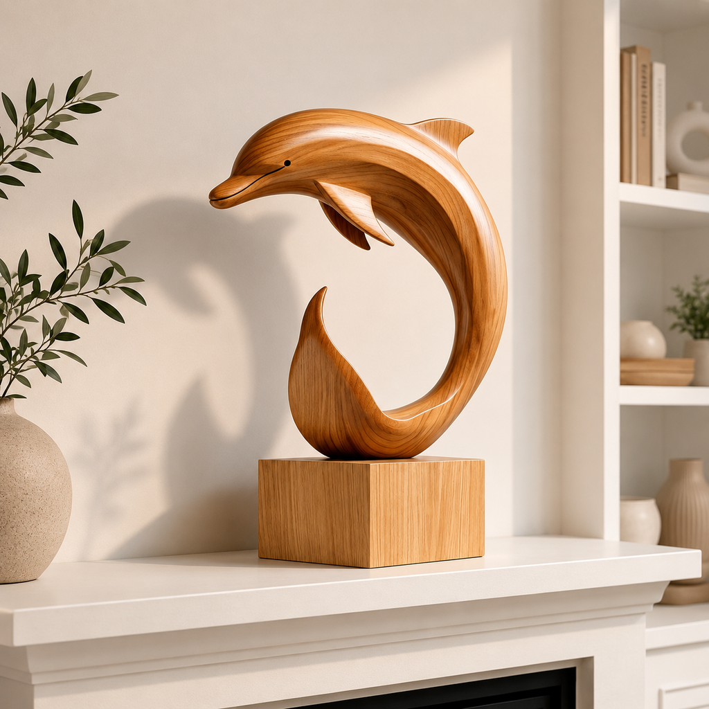 Abstrakte Holz-Delfin-Skulptur – Moderner Dekorativer Akzent fur Zuhause und Buro