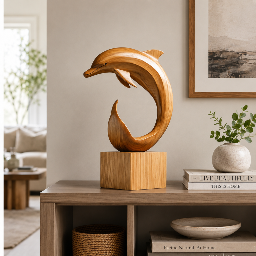 Abstrakte Holz-Delfin-Skulptur – Moderner Dekorativer Akzent fur Zuhause und Buro