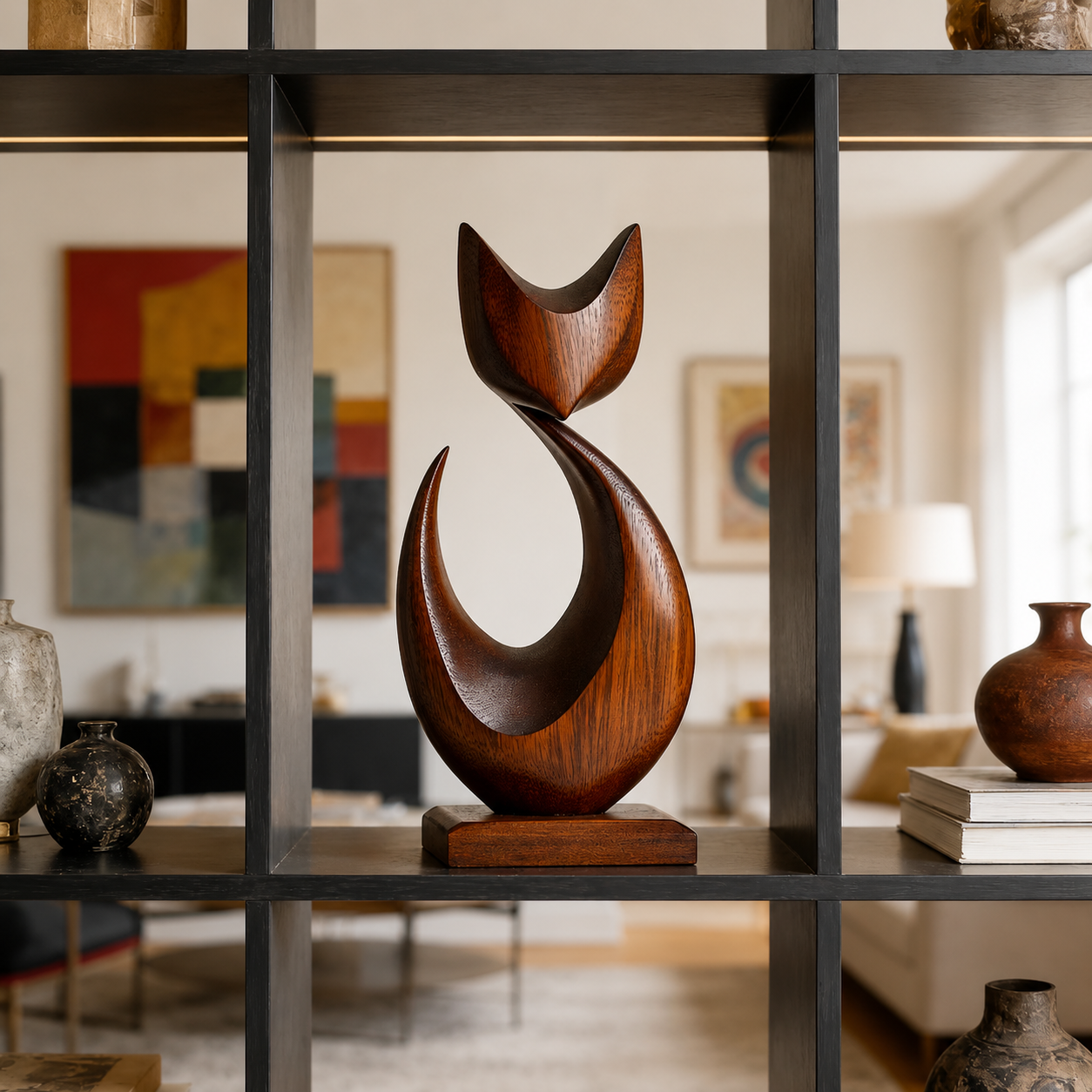 Abstrakte Holzkatzen-Skulptur – Moderner Dekorativer Akzent fur Zuhause und Buro