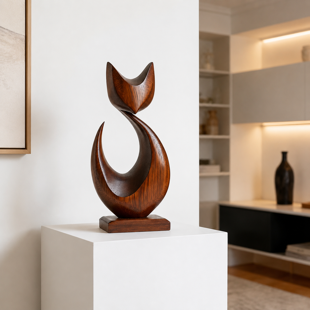 Abstrakte Holzkatzen-Skulptur – Moderner Dekorativer Akzent fur Zuhause und Buro
