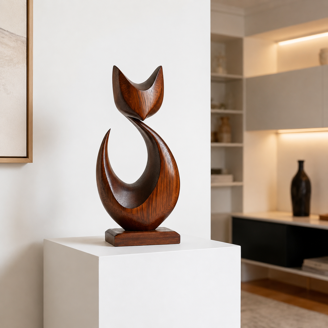 Abstrakte Holzkatzen-Skulptur – Moderner Dekorativer Akzent fur Zuhause und Buro