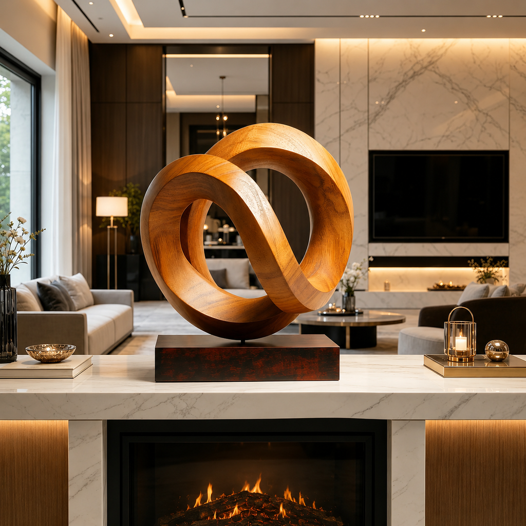 Abstrakte Holzskulptur in Infinity-Form, Moderne Tischdekoration fur Regal und Sideboard
