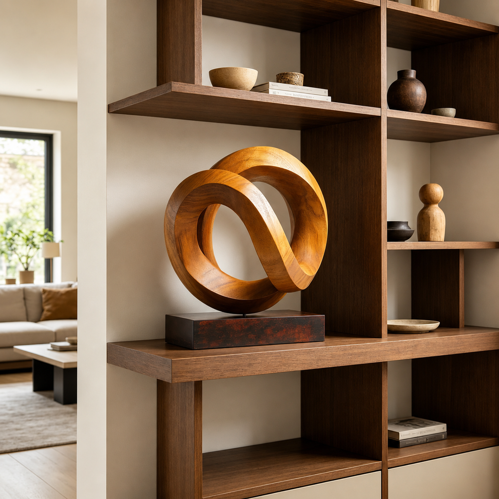 Abstrakte Holzskulptur in Infinity-Form, Moderne Tischdekoration fur Regal und Sideboard