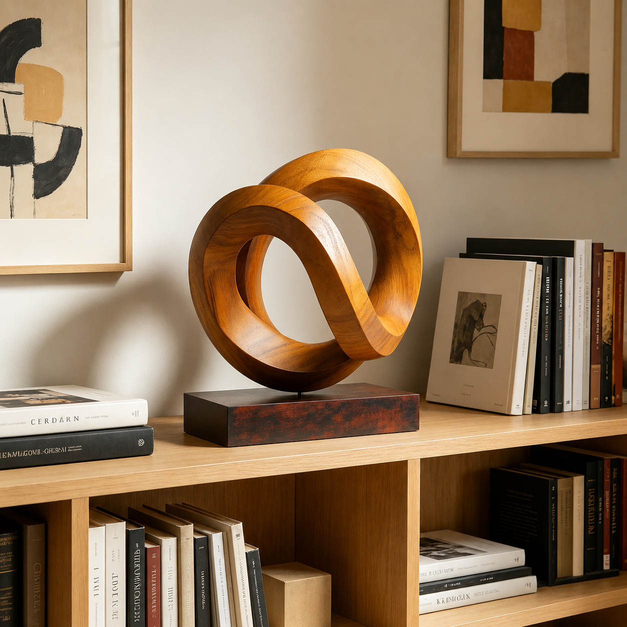 Abstrakte Holzskulptur in Infinity-Form, Moderne Tischdekoration fur Regal und Sideboard
