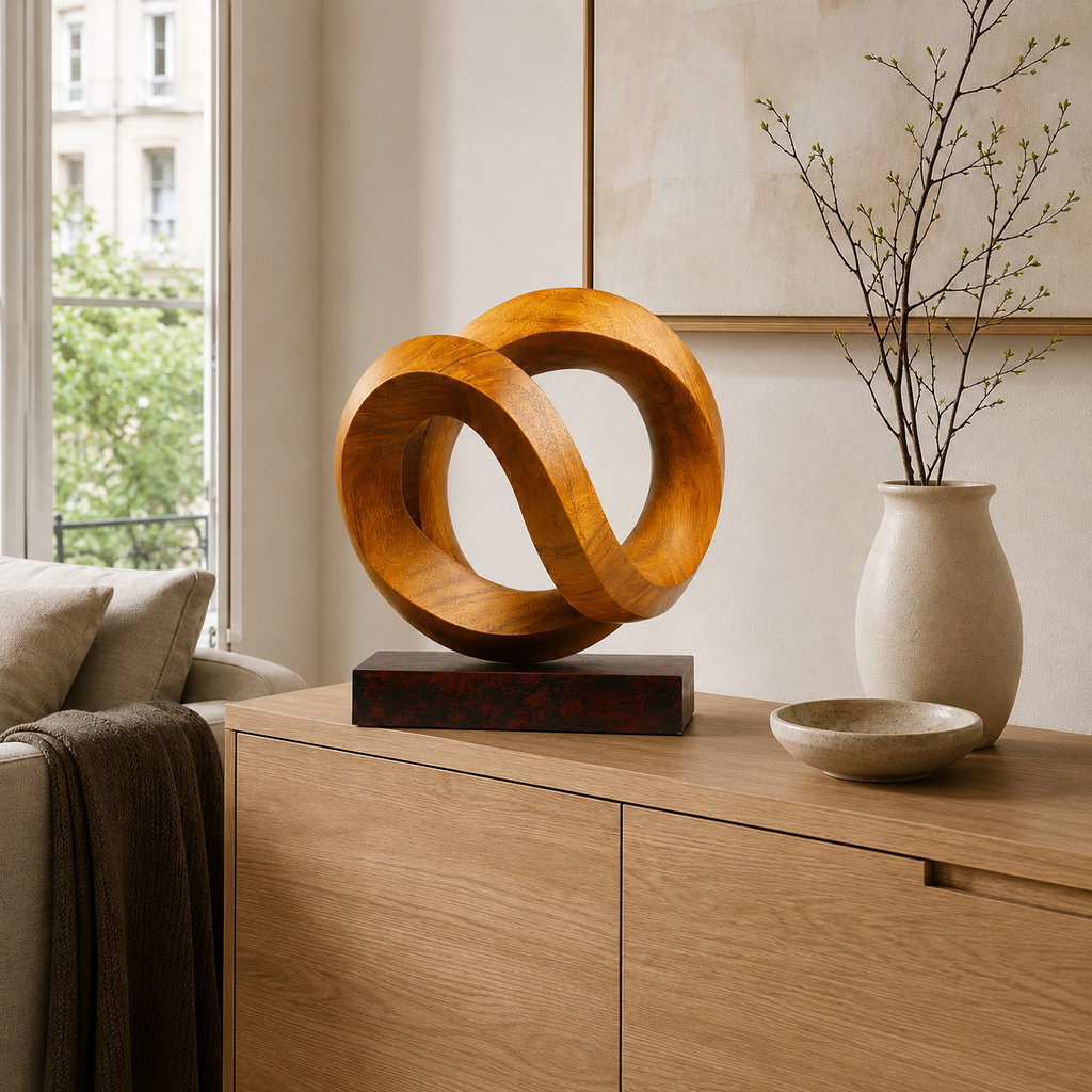 Abstrakte Holzskulptur in Infinity-Form, Moderne Tischdekoration fur Regal und Sideboard