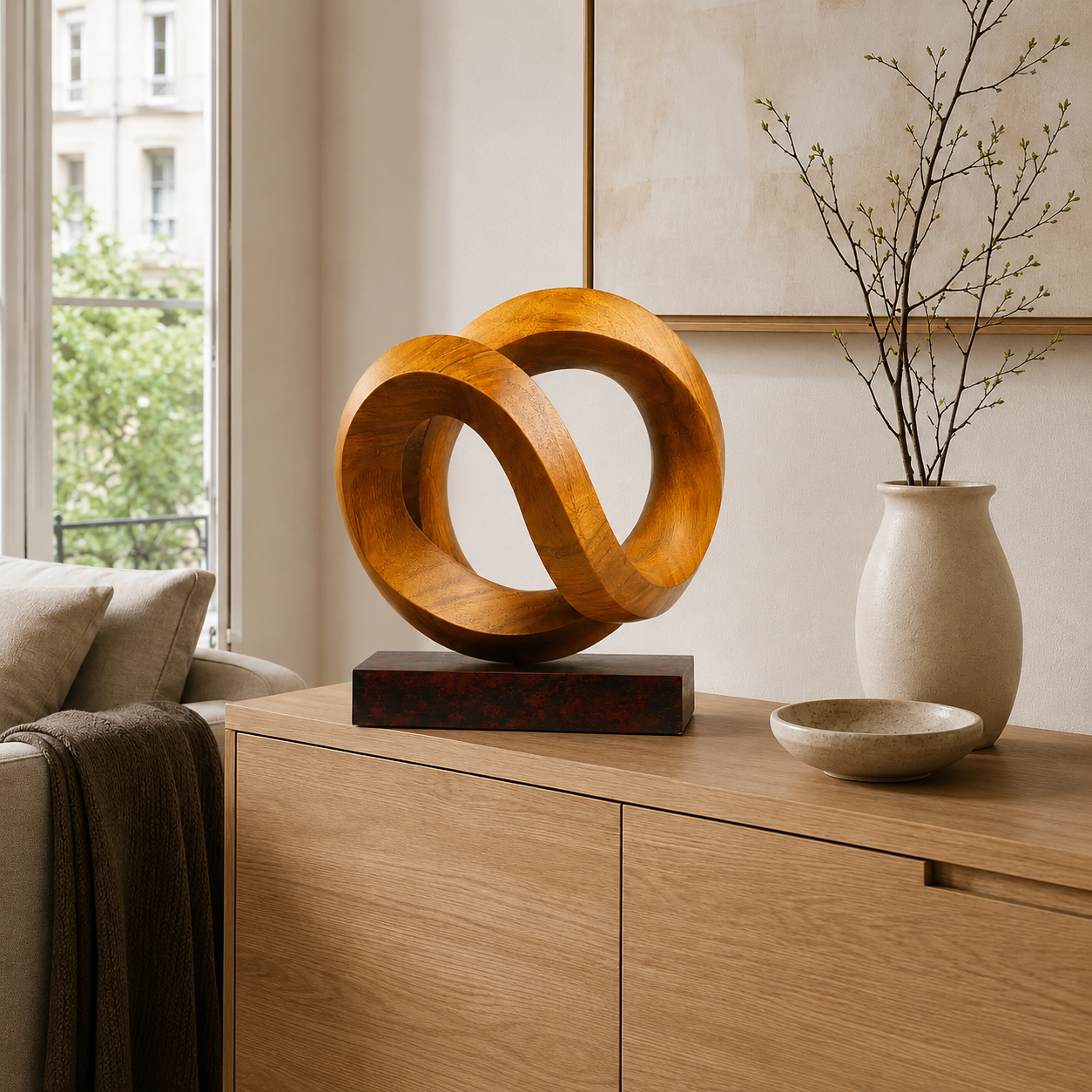 Abstrakte Holzskulptur in Infinity-Form, Moderne Tischdekoration fur Regal und Sideboard