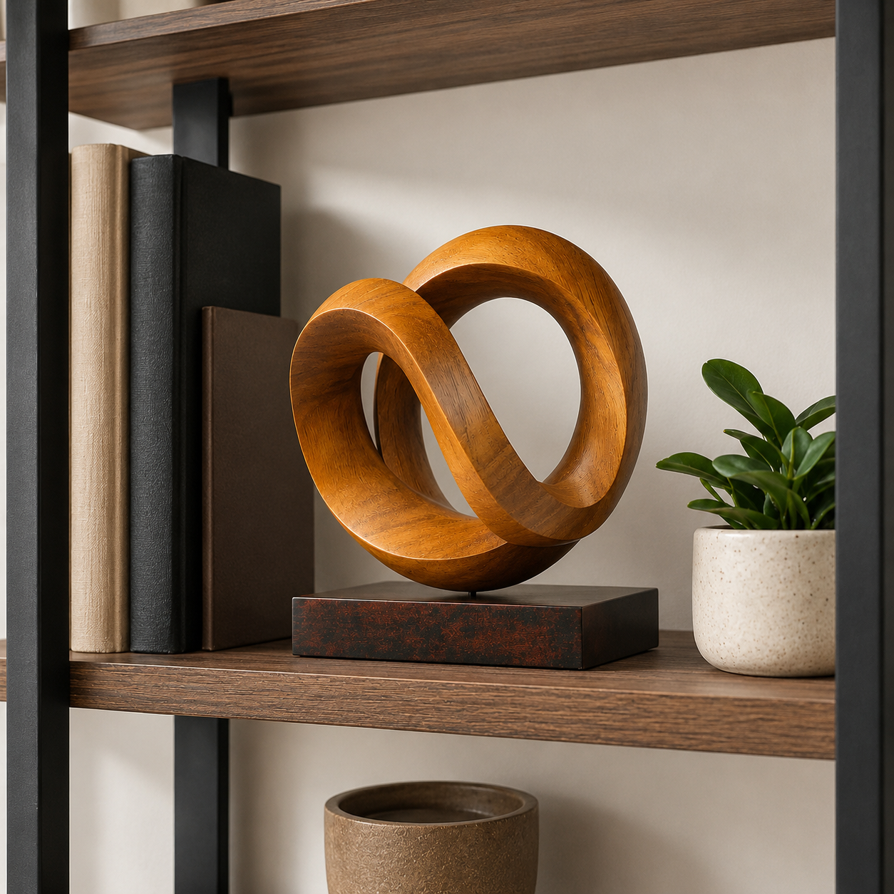 Abstrakte Holzskulptur in Infinity-Form, Moderne Tischdekoration fur Regal und Sideboard