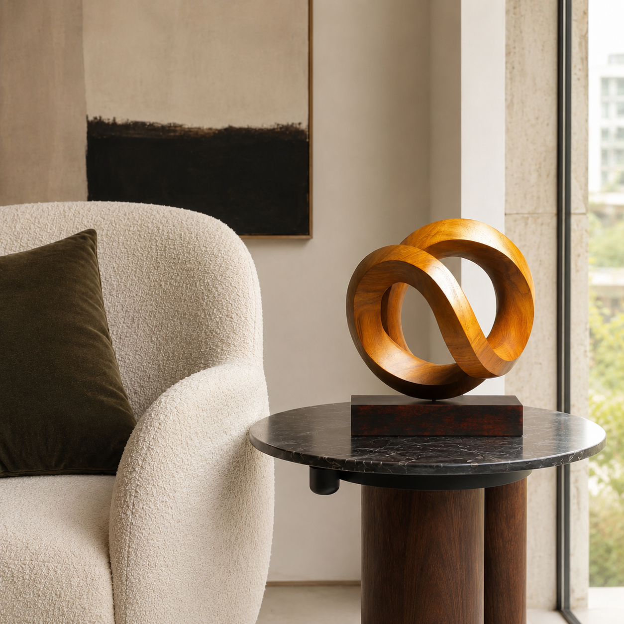 Abstrakte Holzskulptur in Infinity-Form, Moderne Tischdekoration fur Regal und Sideboard
