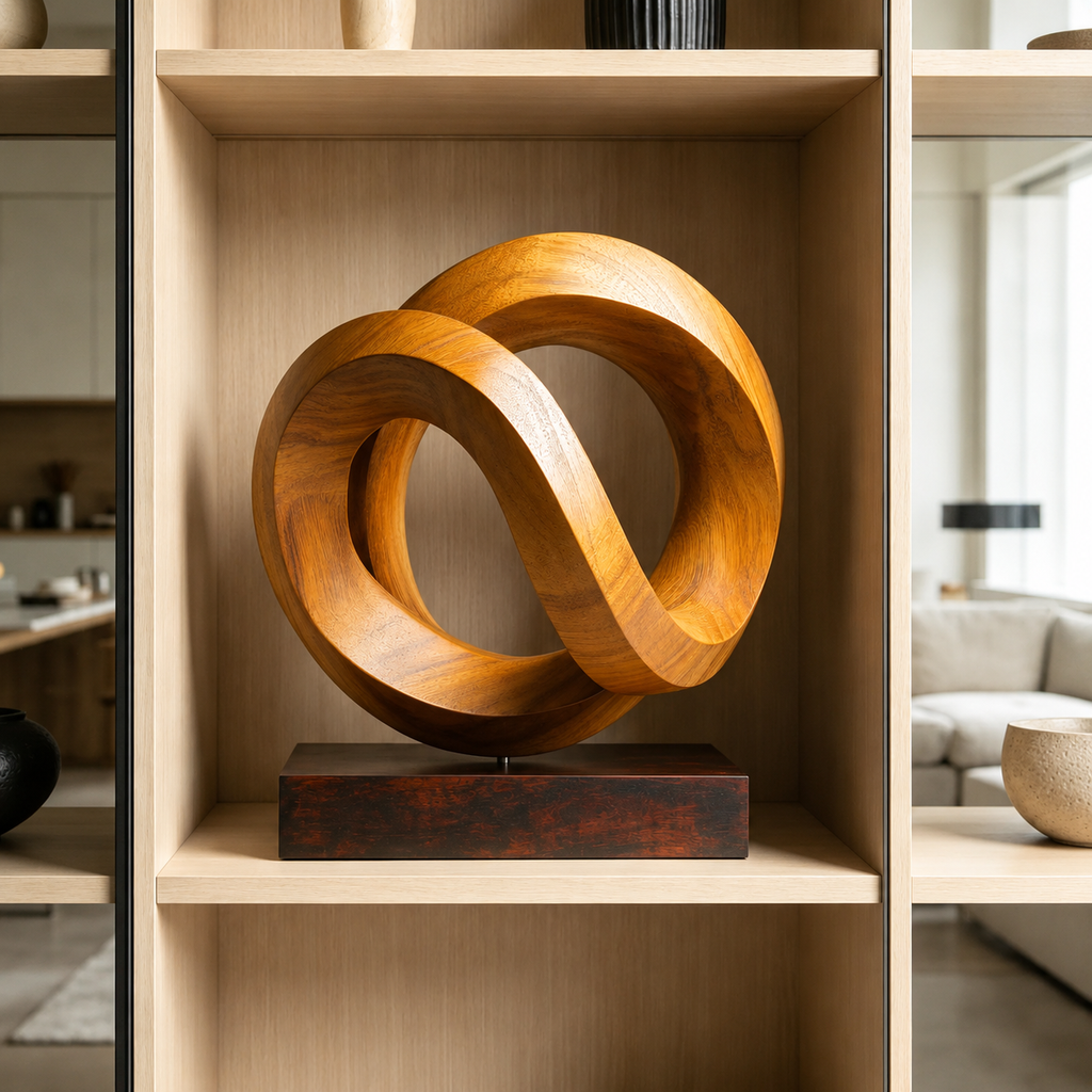 Abstrakte Holzskulptur in Infinity-Form, Moderne Tischdekoration fur Regal und Sideboard