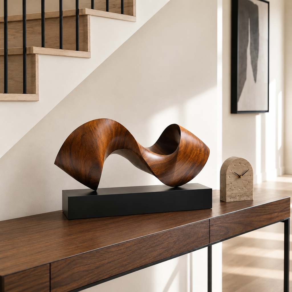 Abstrakte Holzskulptur mit Fließender Form, Moderne Tischdekoration fur Regal und Sideboard