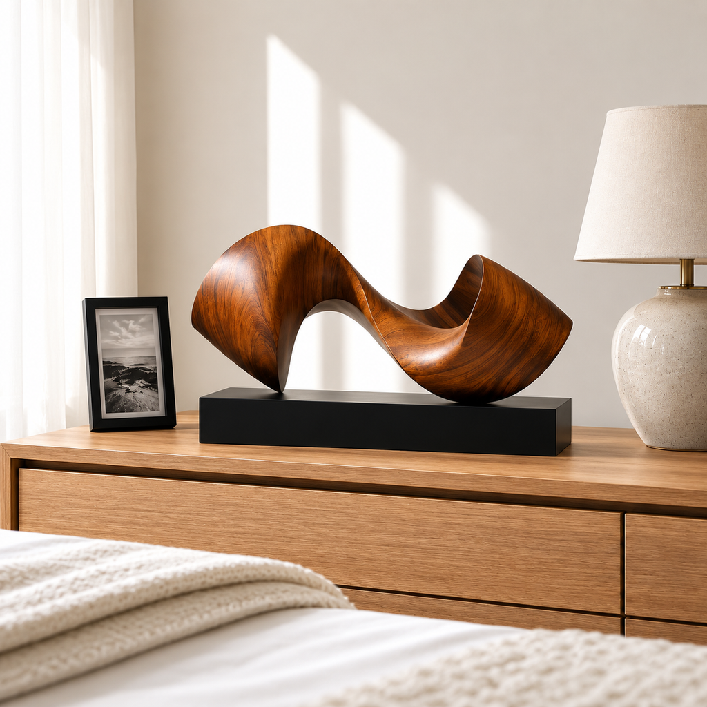 Abstrakte Holzskulptur mit Fließender Form, Moderne Tischdekoration fur Regal und Sideboard