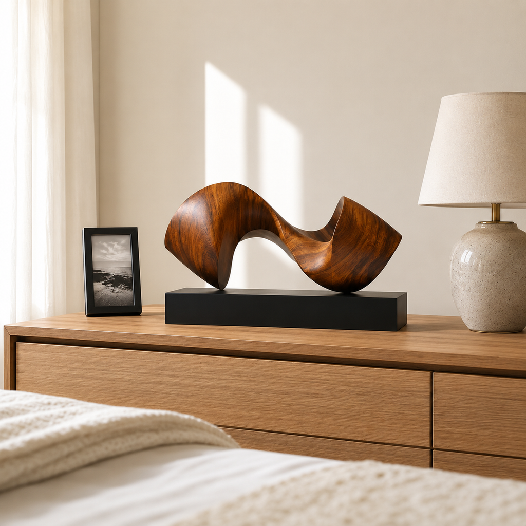 Abstrakte Holzskulptur mit Fließender Form, Moderne Tischdekoration fur Regal und Sideboard