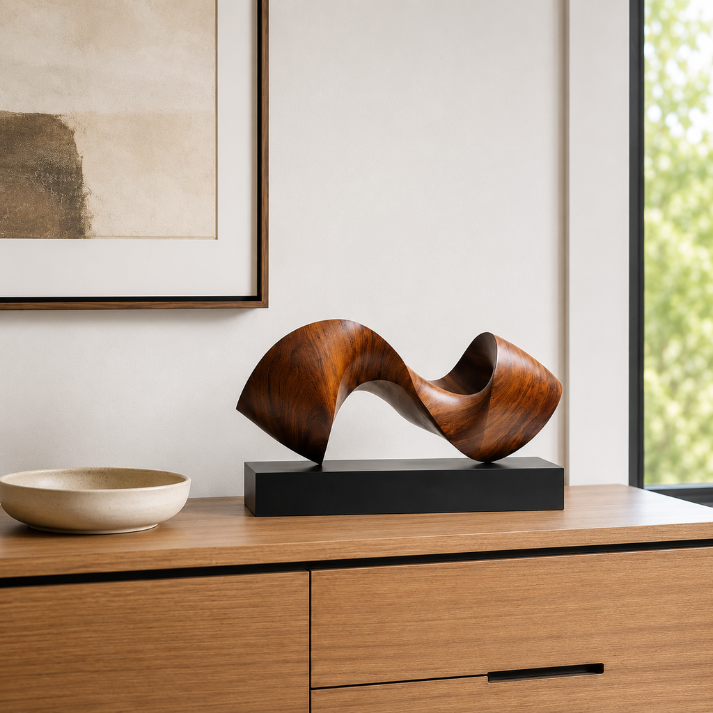 Abstrakte Holzskulptur mit Fließender Form, Moderne Tischdekoration fur Regal und Sideboard
