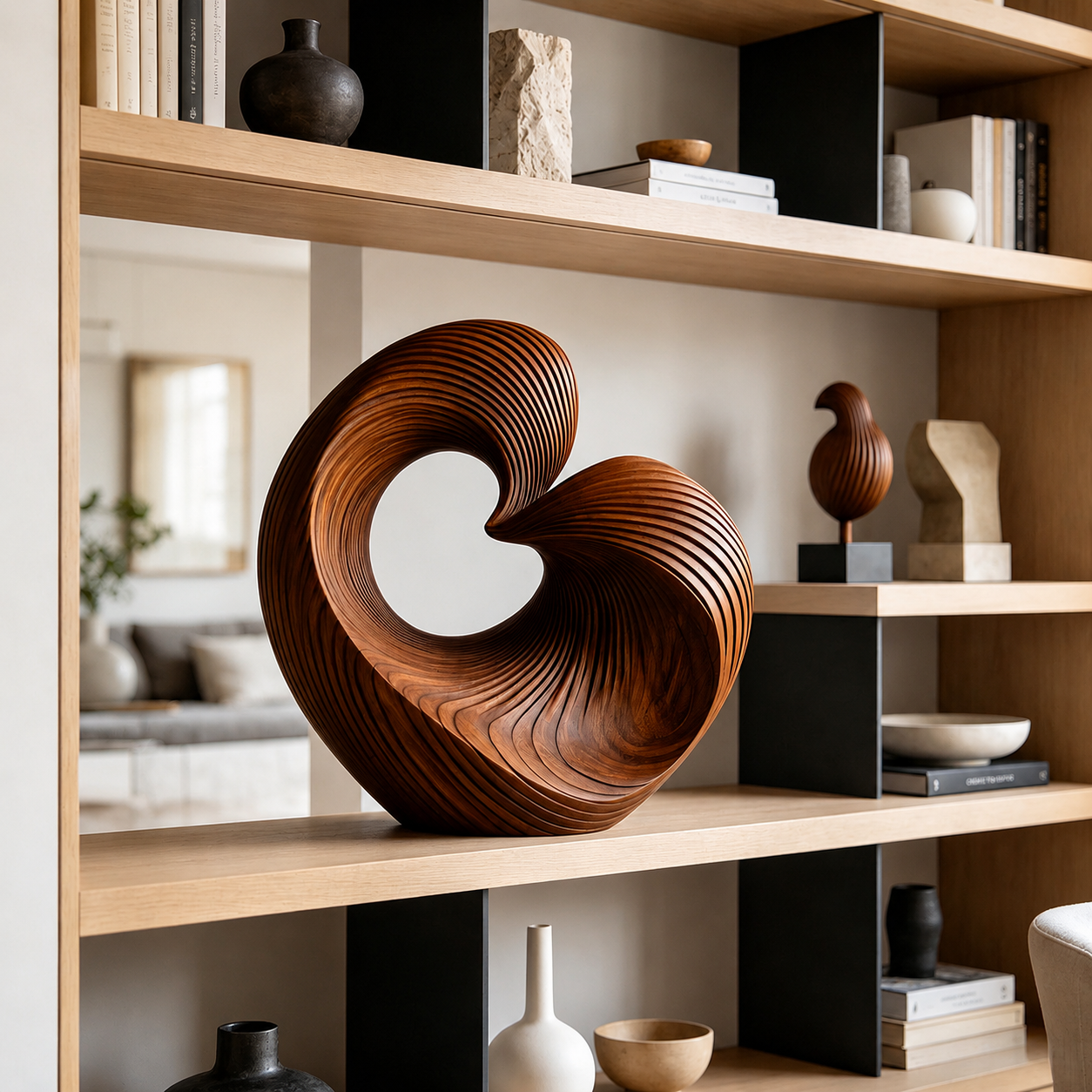 Abstrakte Spiral-Holzskulptur, Moderne Geometrische Dekoration fur Wohnraum, Regal und Buro