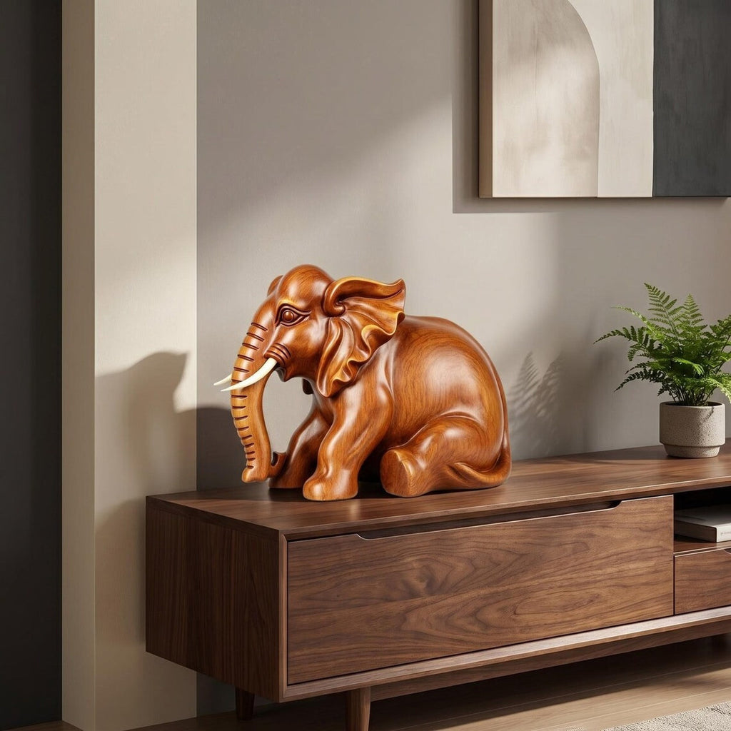 Dekorative Elefantenfigur aus Holzoptik, Elefanten Skulptur fur Regal, Schreibtisch und Wohnraum