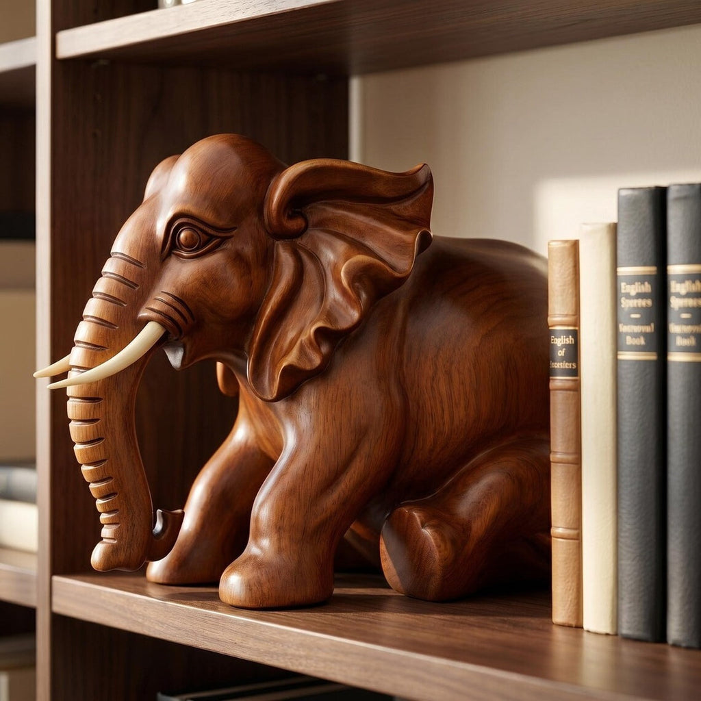 Dekorative Elefantenfigur aus Holzoptik, Elefanten Skulptur fur Regal, Schreibtisch und Wohnraum