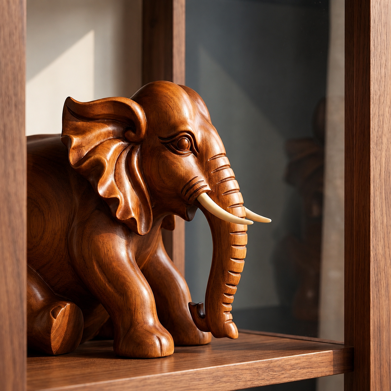 Dekorative Elefantenfigur aus Holzoptik, Elefanten Skulptur fur Regal, Schreibtisch und Wohnraum