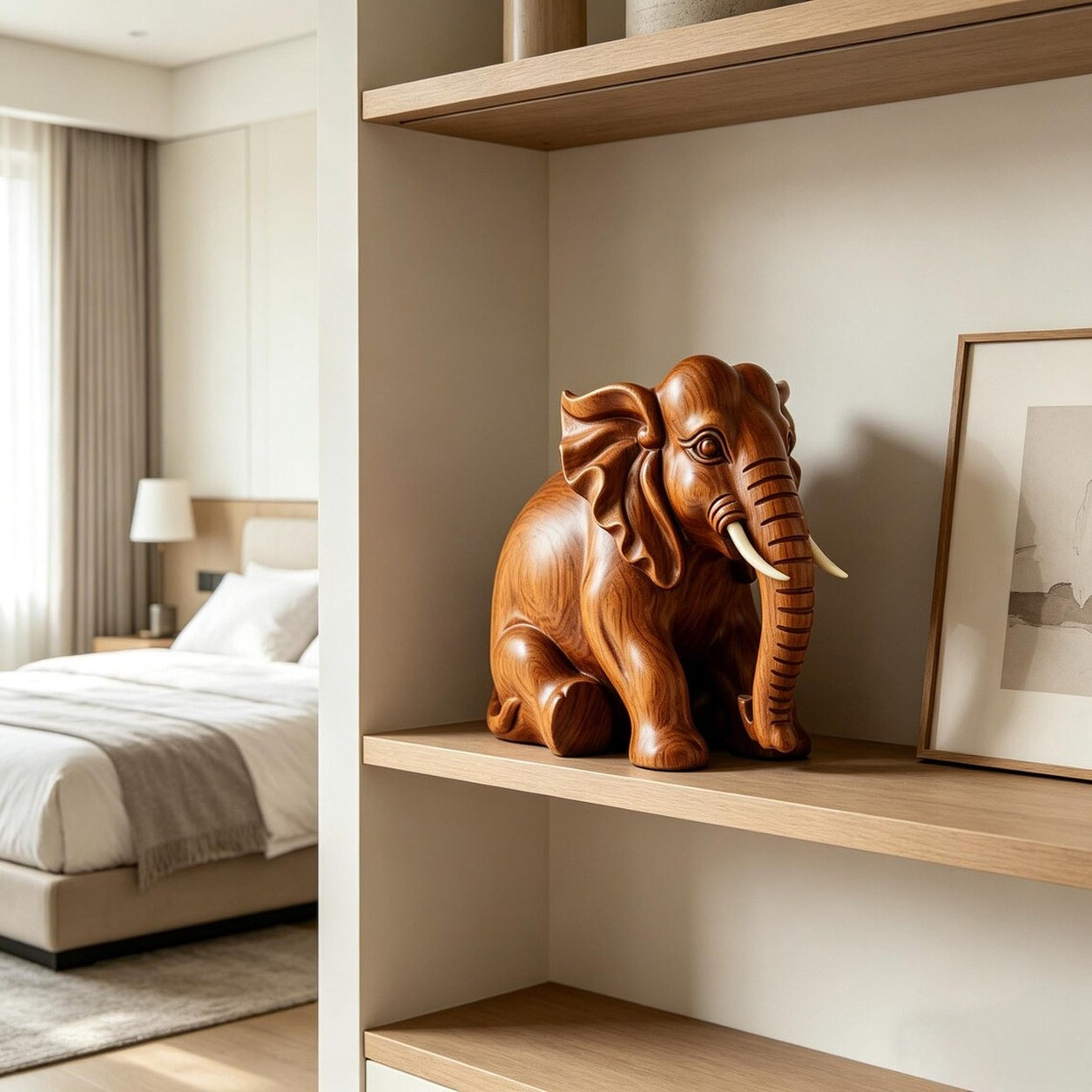 Dekorative Elefantenfigur aus Holzoptik, Elefanten Skulptur fur Regal, Schreibtisch und Wohnraum