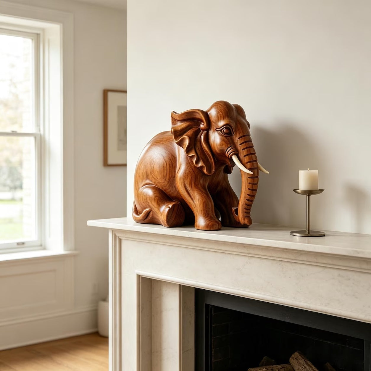 Dekorative Elefantenfigur aus Holzoptik, Elefanten Skulptur fur Regal, Schreibtisch und Wohnraum