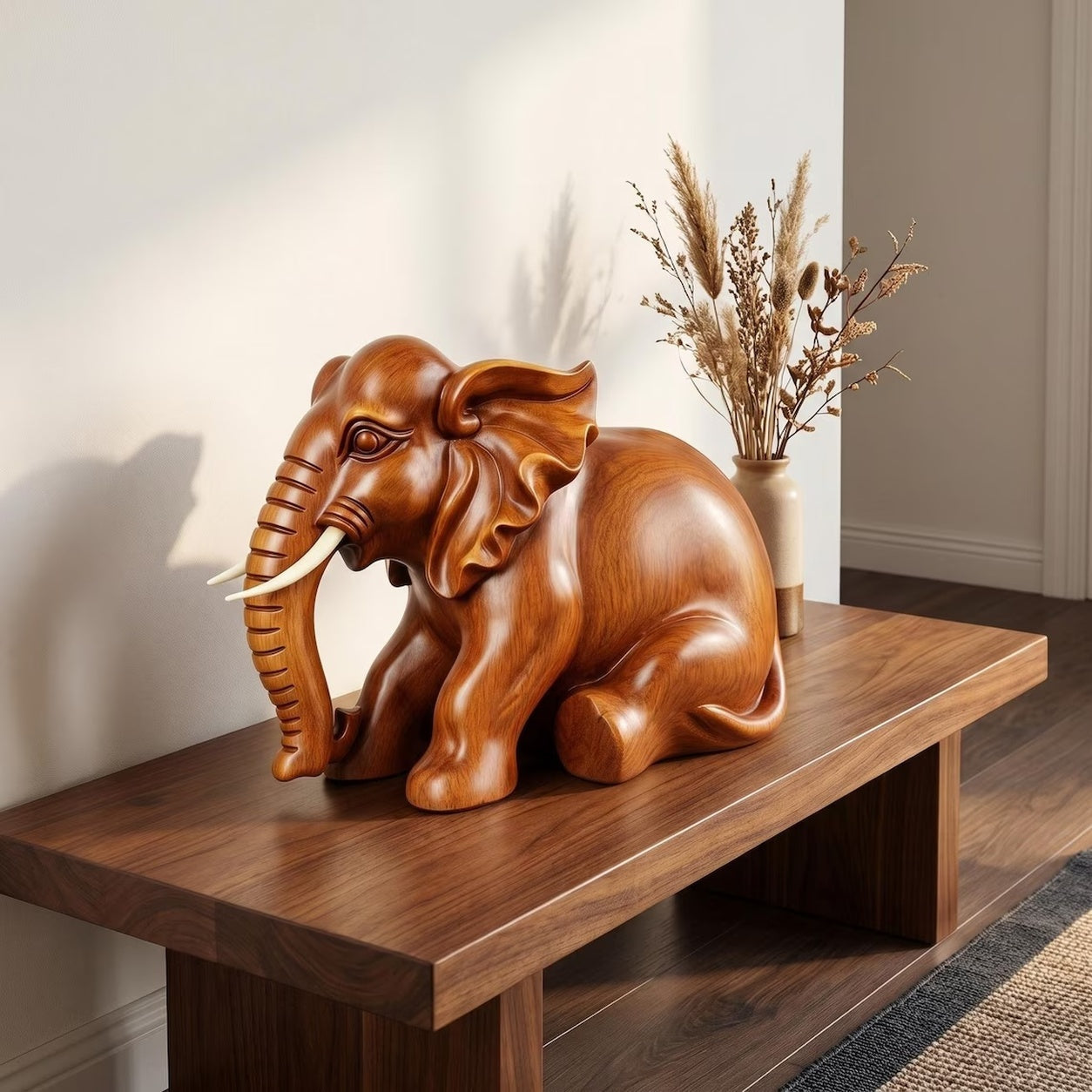 Dekorative Elefantenfigur aus Holzoptik, Elefanten Skulptur fur Regal, Schreibtisch und Wohnraum