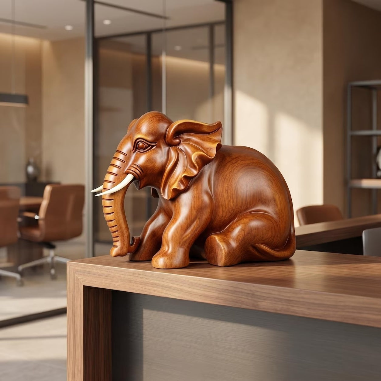Dekorative Elefantenfigur aus Holzoptik, Elefanten Skulptur fur Regal, Schreibtisch und Wohnraum