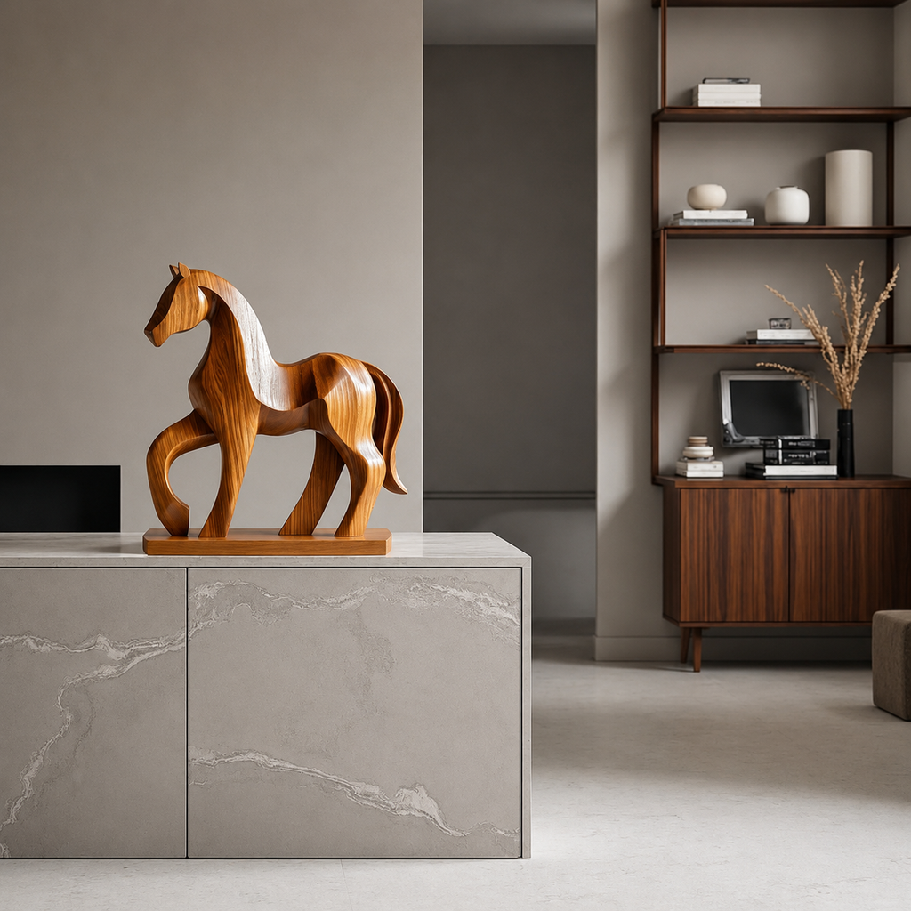 Holz Pferde Skulptur, Abstrakte Pferdefigur, Moderne Tierdekoration fur Zuhause und Buro