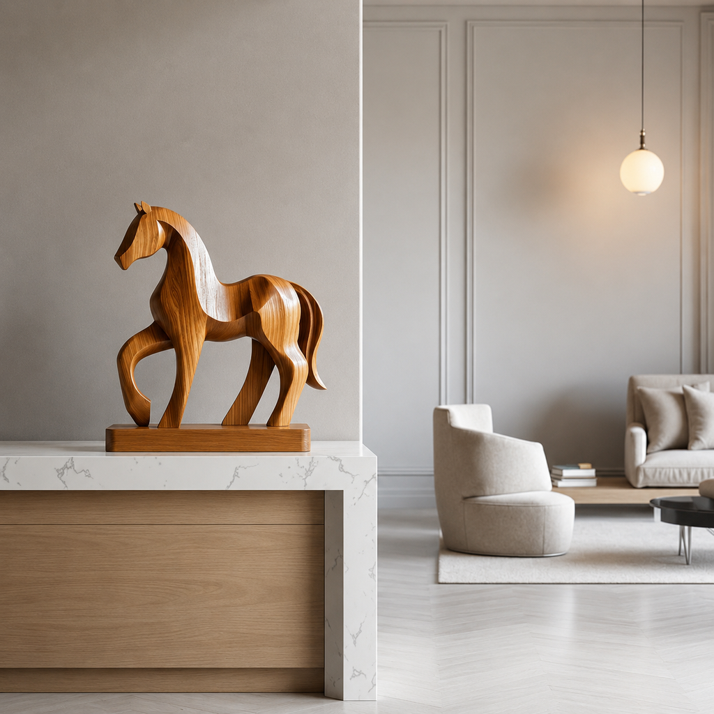 Holz Pferde Skulptur, Abstrakte Pferdefigur, Moderne Tierdekoration fur Zuhause und Buro