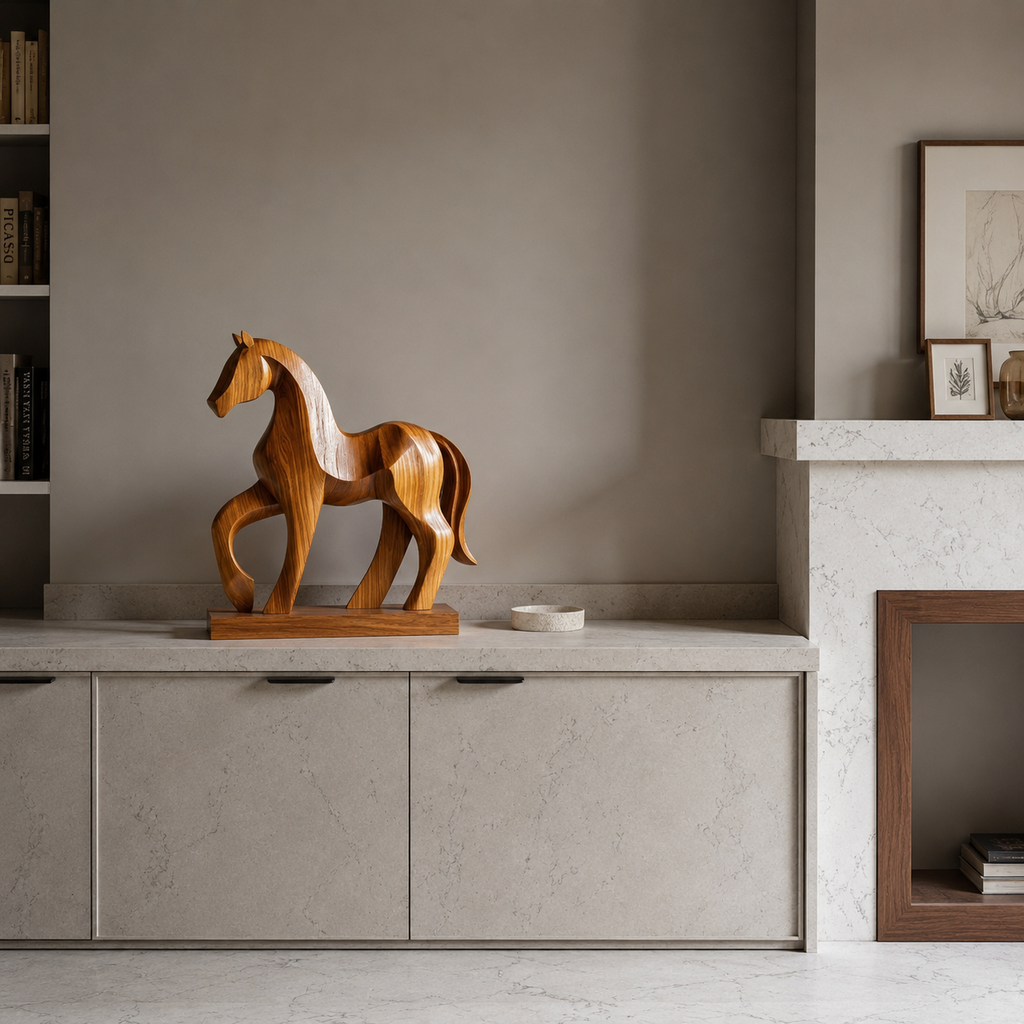 Holz Pferde Skulptur, Abstrakte Pferdefigur, Moderne Tierdekoration fur Zuhause und Buro