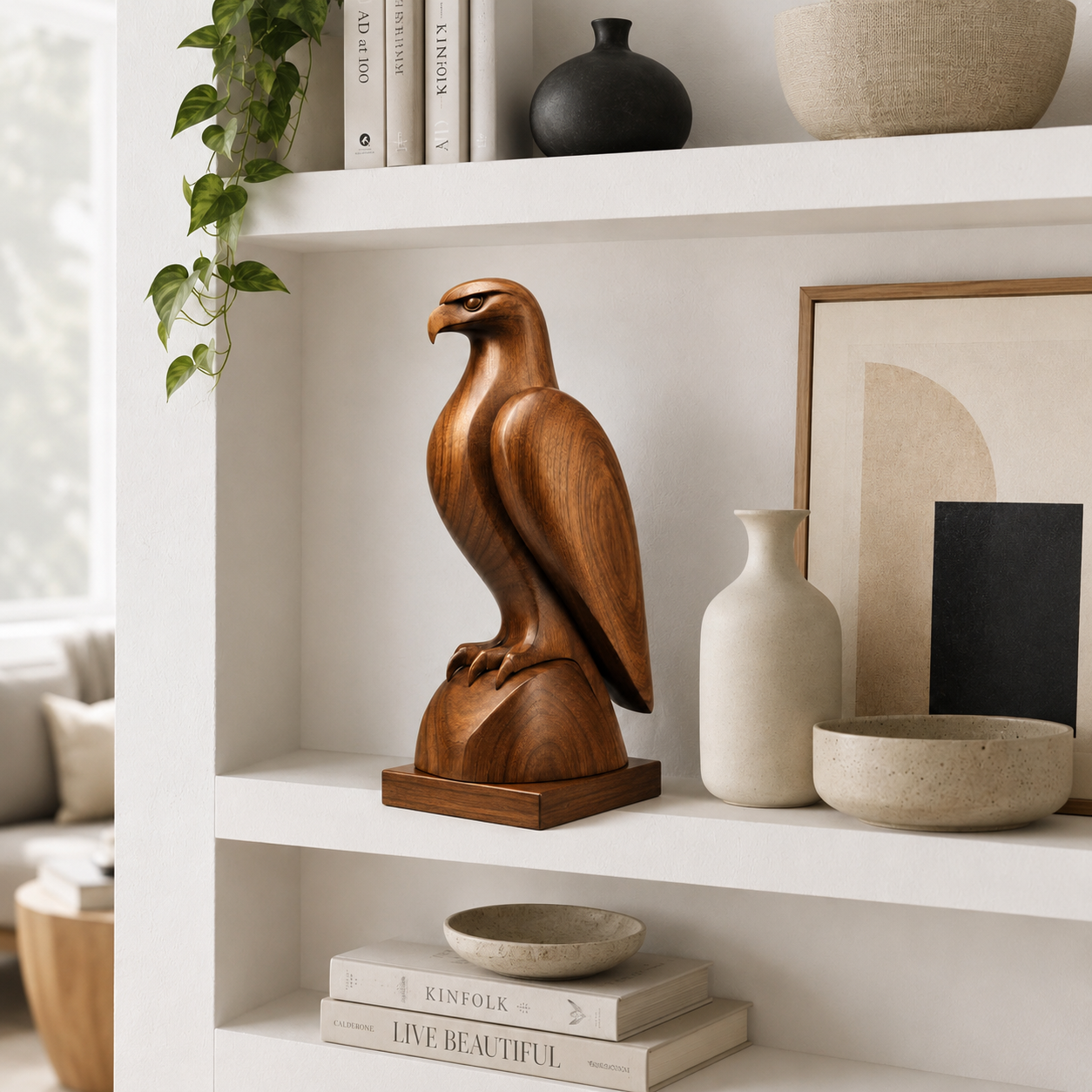 Holz Adler Skulptur, Adlerfigur Dekoration, Vogelstatue fur Regal und Buro
