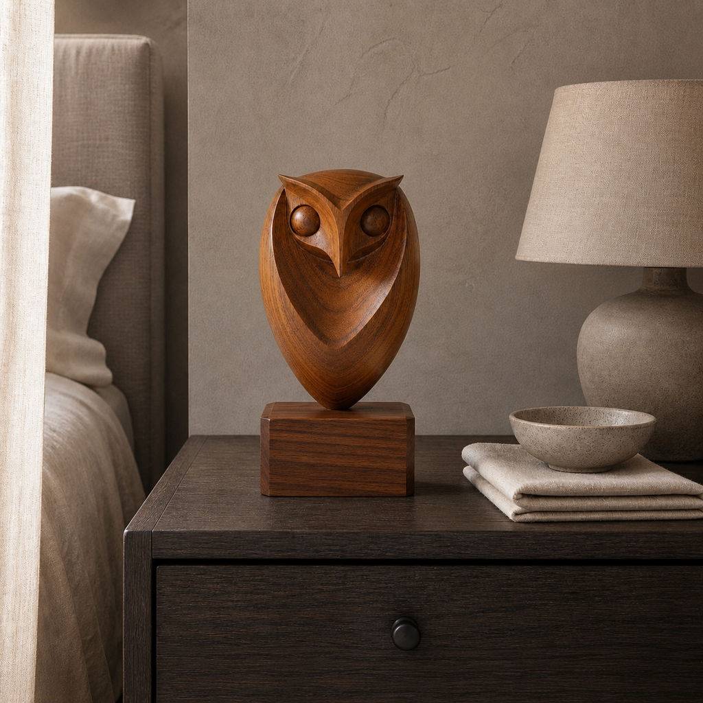 Holz Eulen Skulptur, Eulenfigur Dekoration, Abstrakte Vogelstatue fur Zuhause und Buro