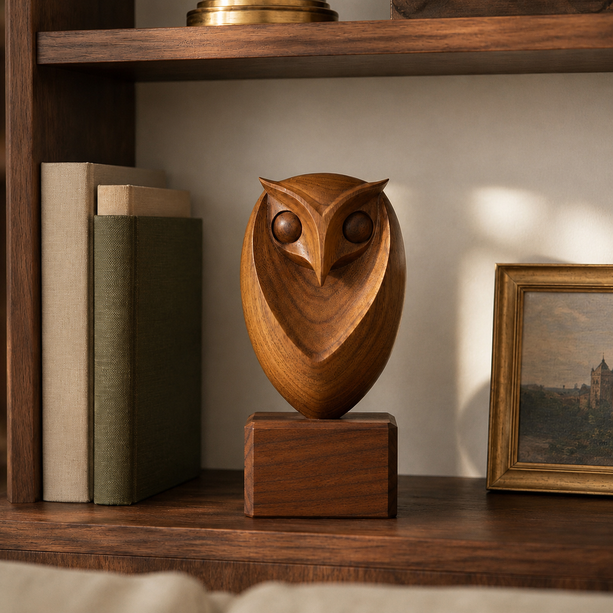 Holz Eulen Skulptur, Eulenfigur Dekoration, Abstrakte Vogelstatue fur Zuhause und Buro