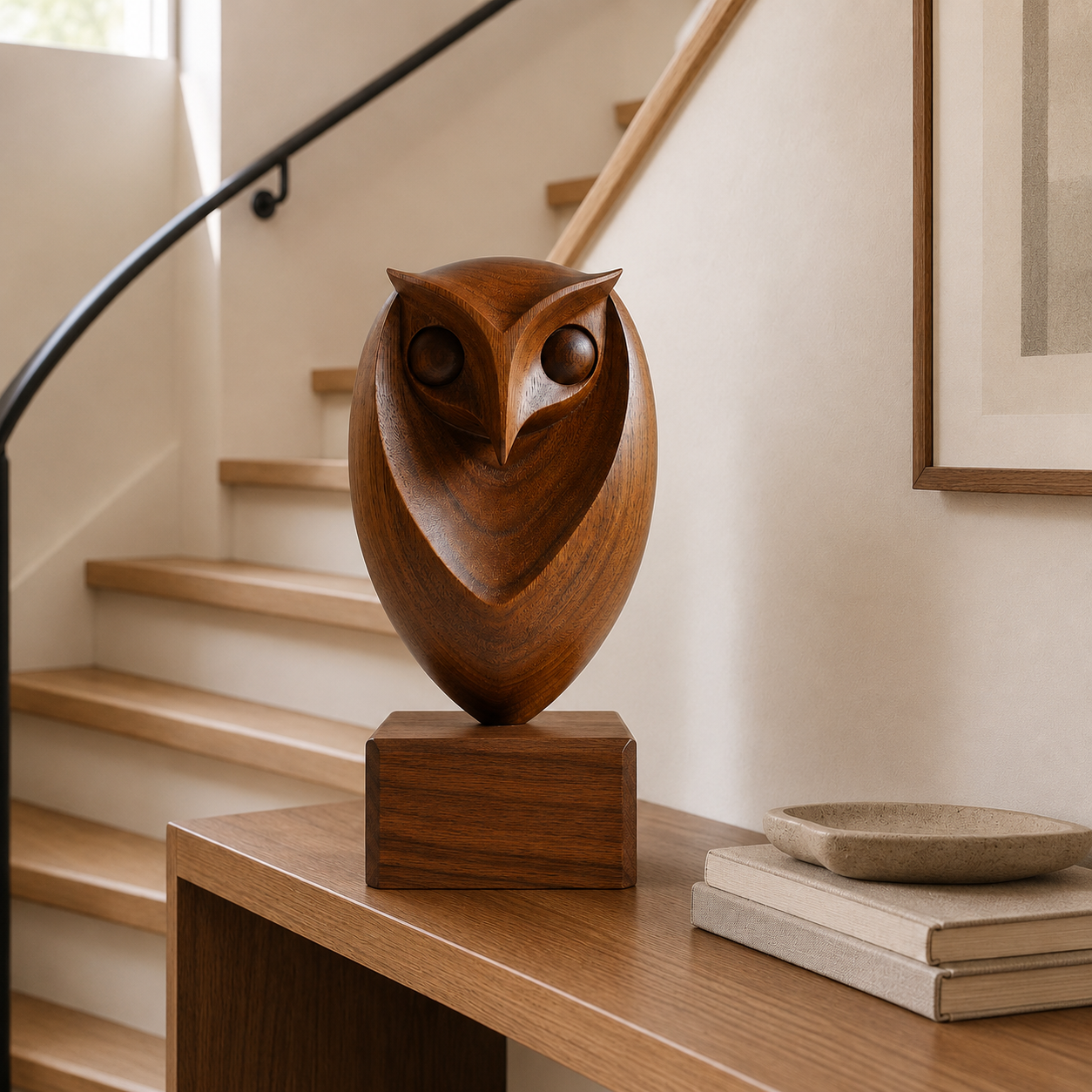 Holz Eulen Skulptur, Eulenfigur Dekoration, Abstrakte Vogelstatue fur Zuhause und Buro