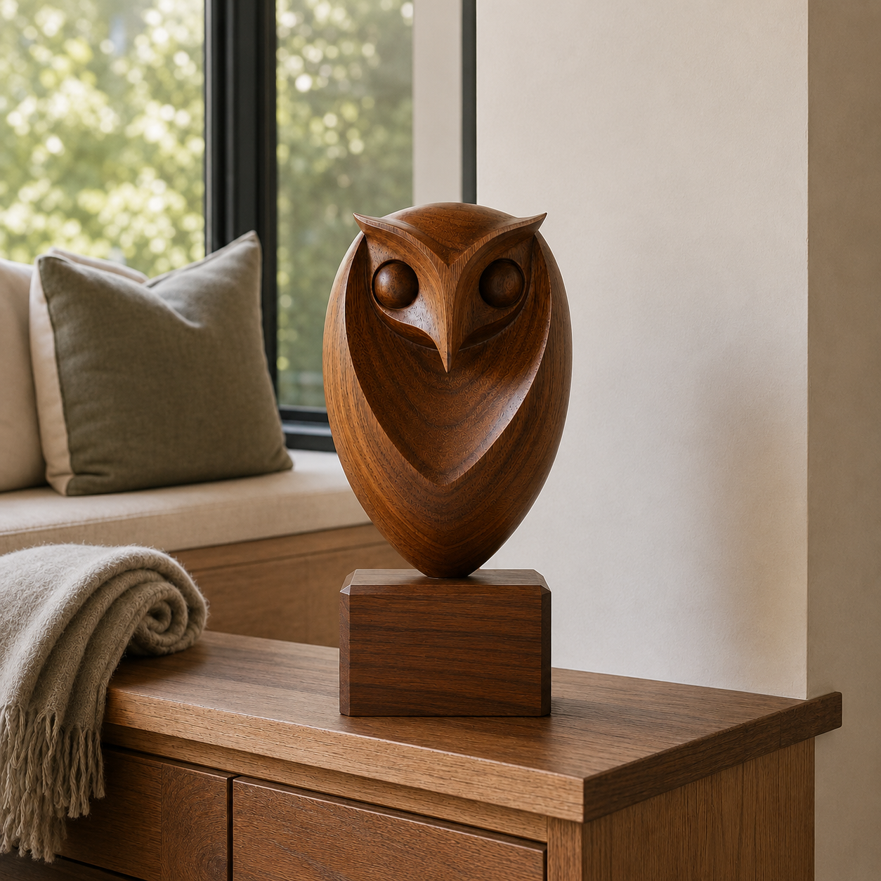Holz Eulen Skulptur, Eulenfigur Dekoration, Abstrakte Vogelstatue fur Zuhause und Buro