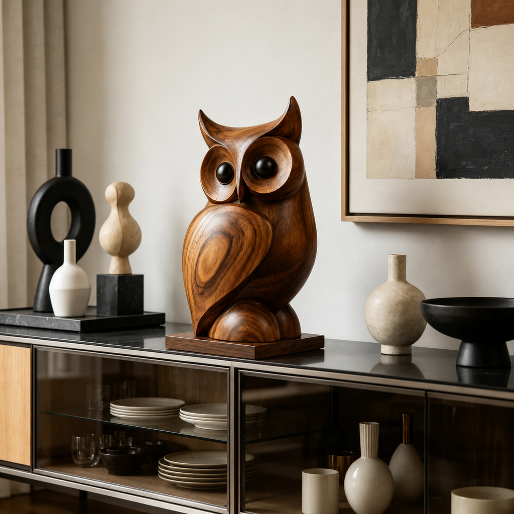 Holz Eulen Skulptur, Eulenfigur Dekoration, Vogelstatue fur Regal und Wohnraum