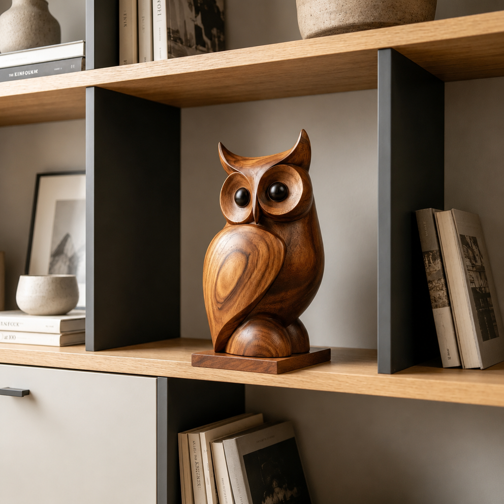 Holz Eulen Skulptur, Eulenfigur Dekoration, Vogelstatue fur Regal und Wohnraum