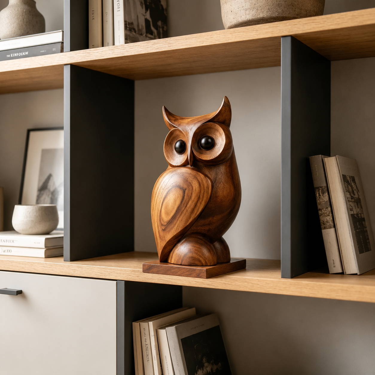 Holz Eulen Skulptur, Eulenfigur Dekoration, Vogelstatue fur Regal und Wohnraum