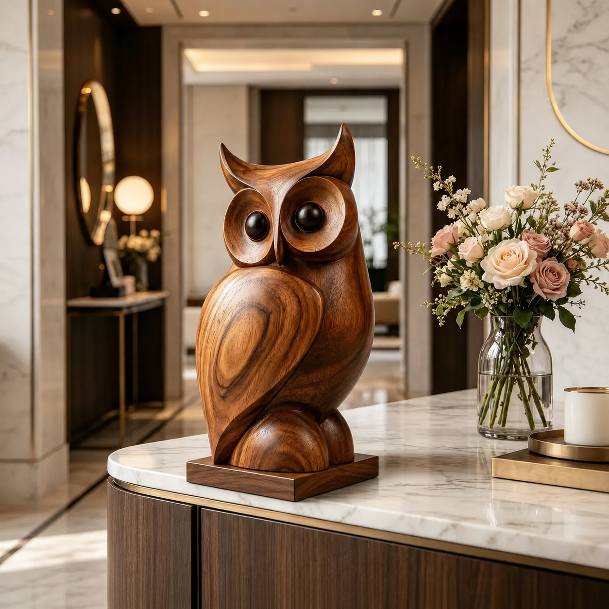 Holz Eulen Skulptur, Eulenfigur Dekoration, Vogelstatue fur Regal und Wohnraum