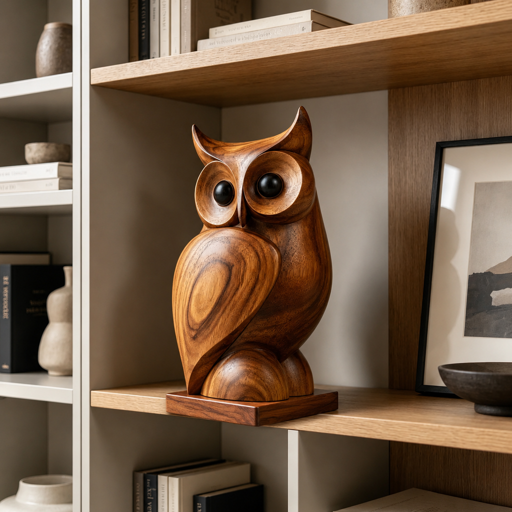 Holz Eulen Skulptur, Eulenfigur Dekoration, Vogelstatue fur Regal und Wohnraum