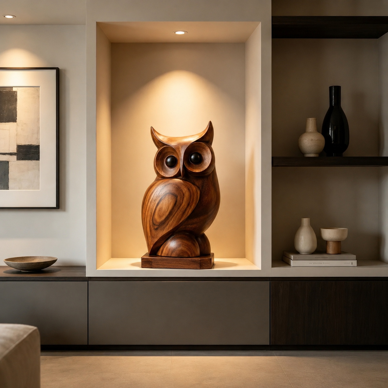 Holz Eulen Skulptur, Eulenfigur Dekoration, Vogelstatue fur Regal und Wohnraum