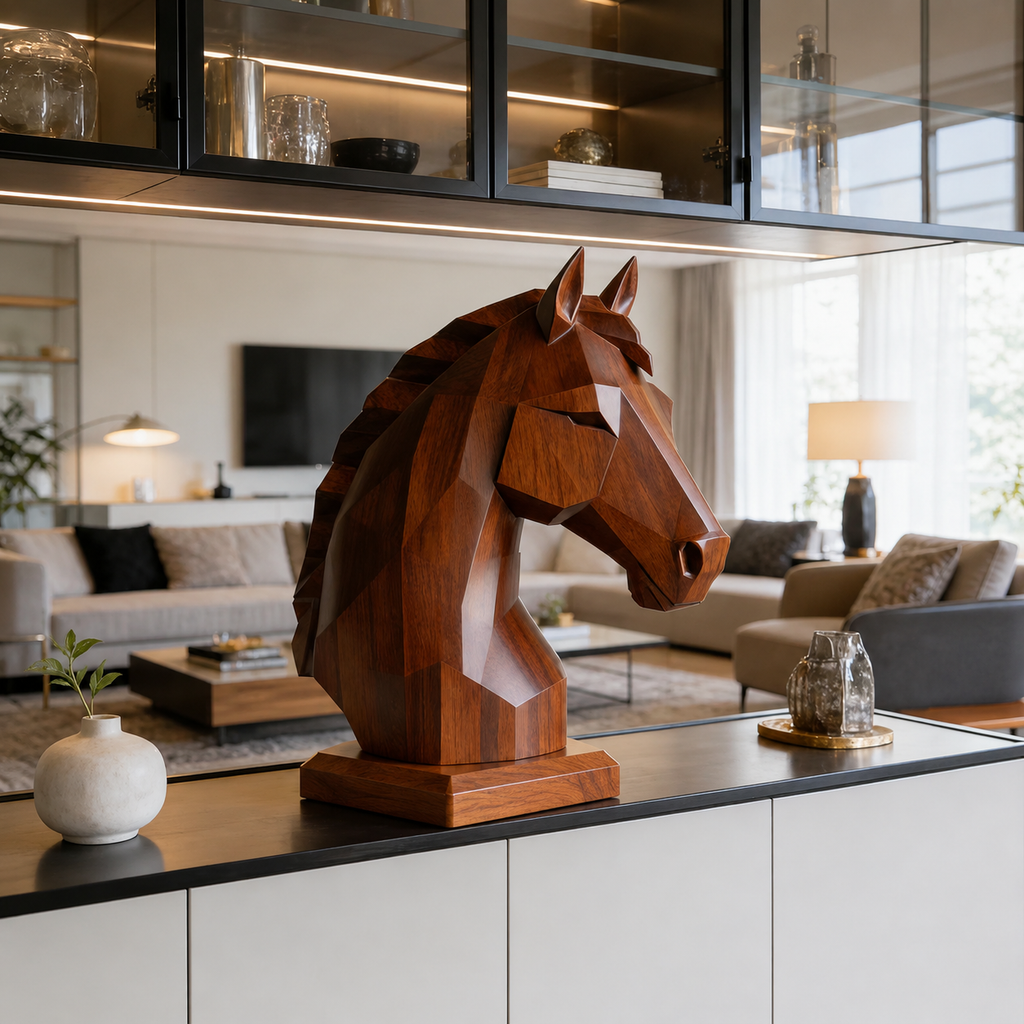 Holz Pferdekopf Skulptur, Geometrische Pferdebuste, Moderne Haarkunst fur Zuhause und Buro