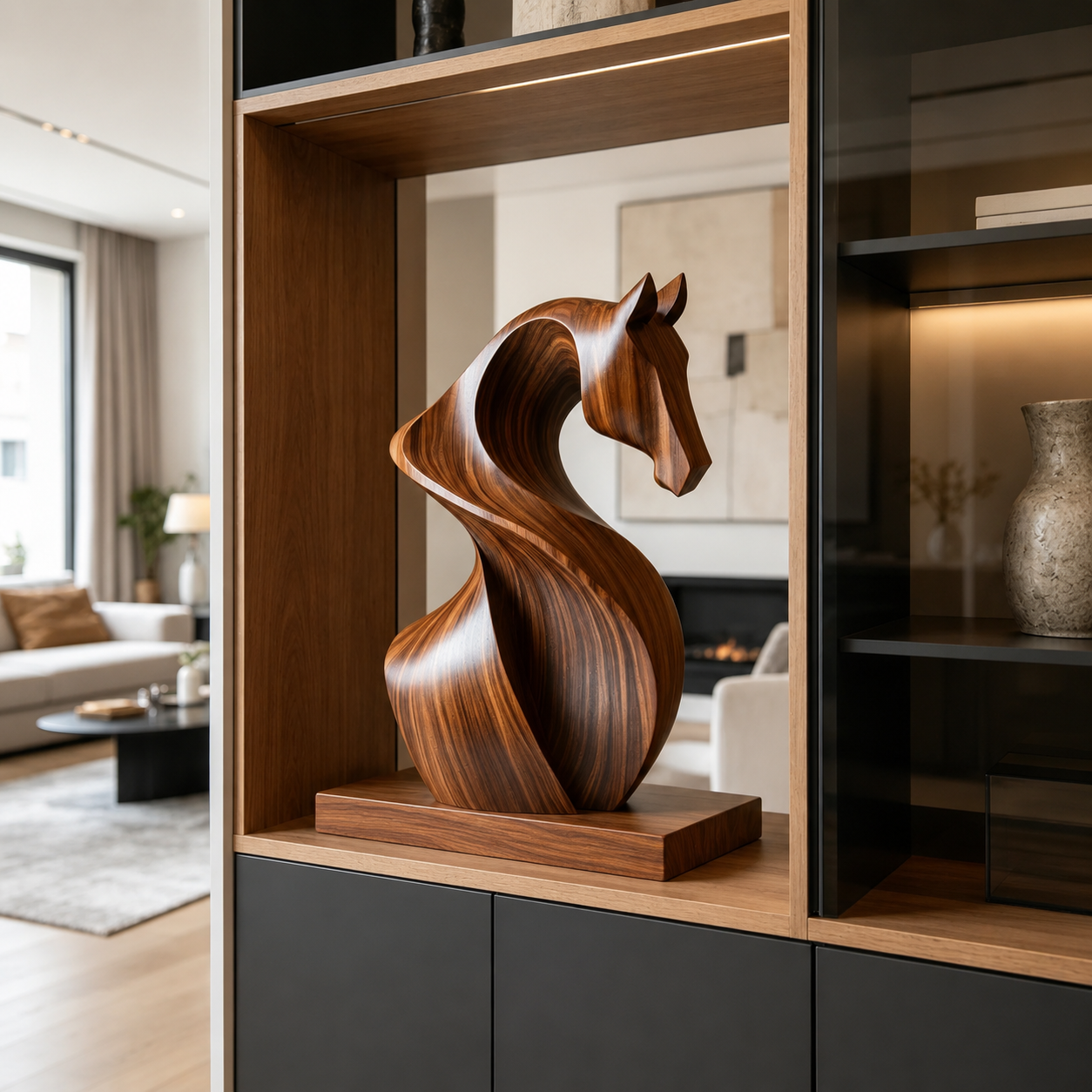 Abstrakte Holzpferd Skulptur, Moderne Pferdefigur, Kunstlerische Tierdekoration fur Zuhause und Buro