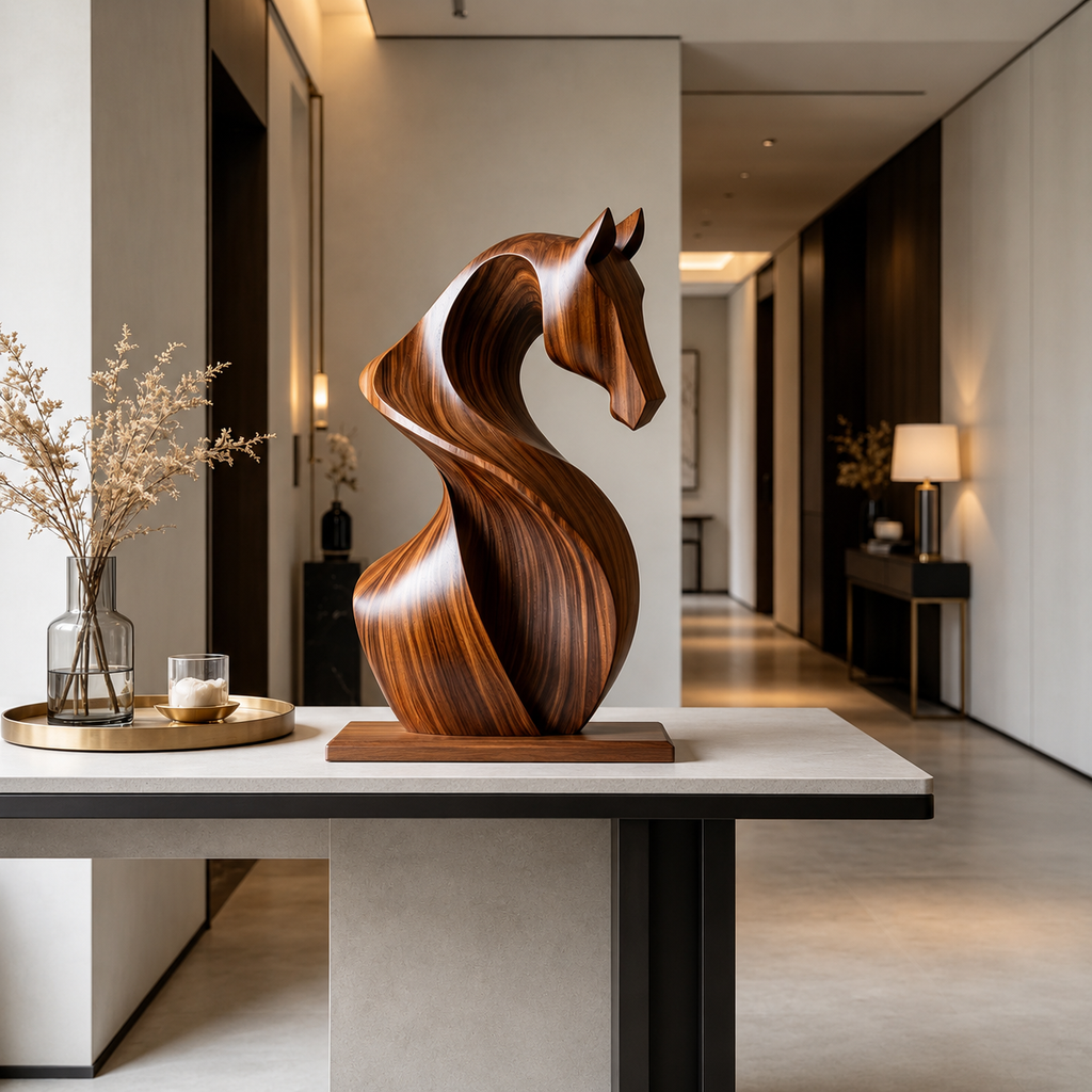 Abstrakte Holzpferd Skulptur, Moderne Pferdefigur, Kunstlerische Tierdekoration fur Zuhause und Buro
