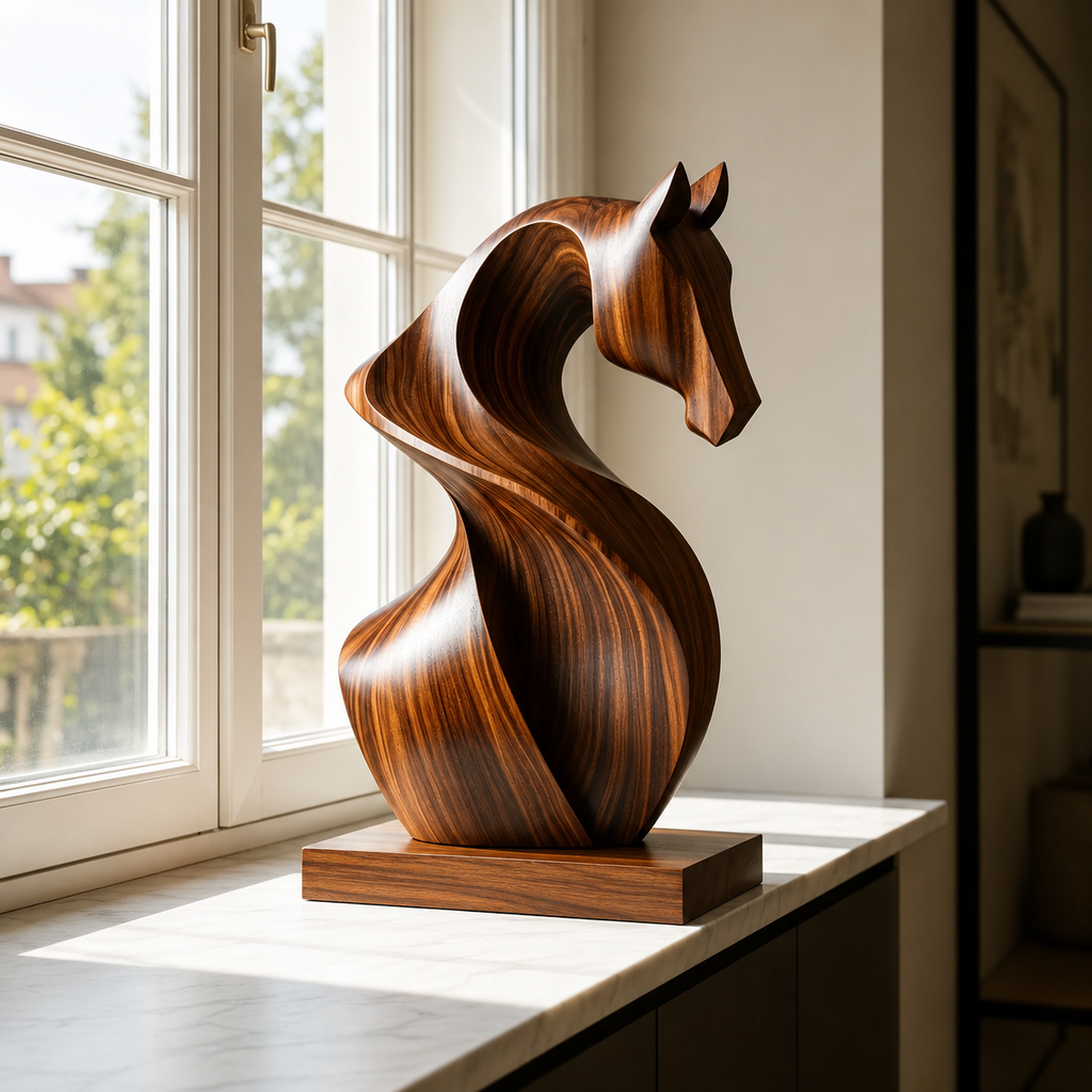 Abstrakte Holzpferd Skulptur, Moderne Pferdefigur, Kunstlerische Tierdekoration fur Zuhause und Buro