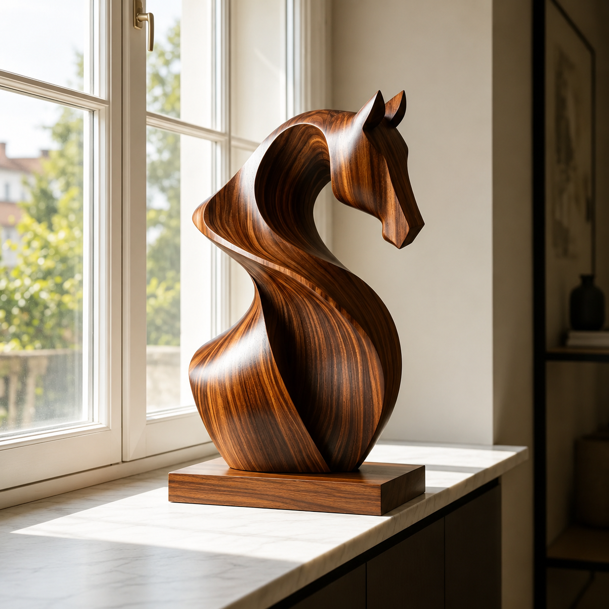 Abstrakte Holzpferd Skulptur, Moderne Pferdefigur, Kunstlerische Tierdekoration fur Zuhause und Buro